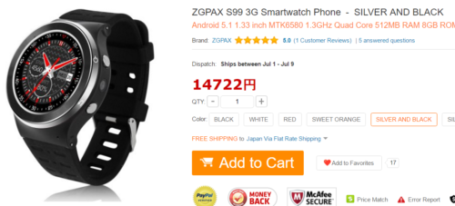 ZGPAX S99 スマートウオッチ Android5.1
