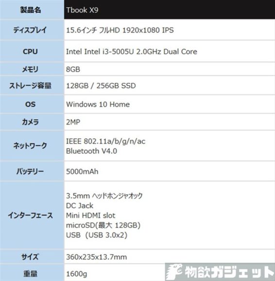 Tbook X9 15.6インチ 価格 スペック